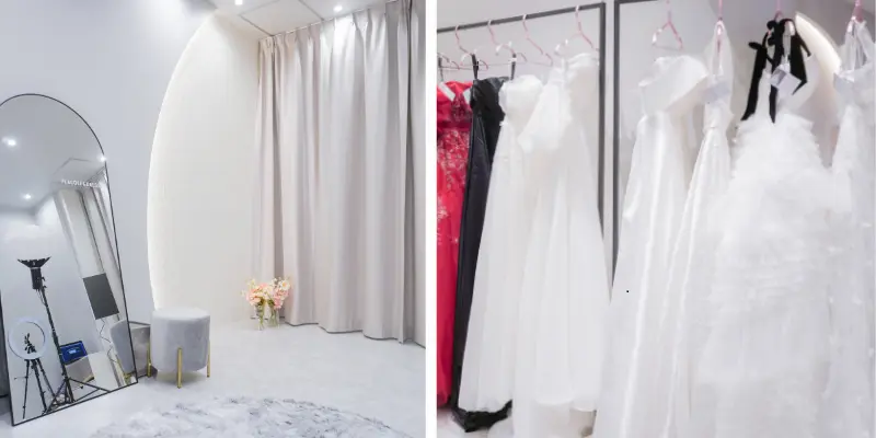 ウェディングドレスとドレス試着室のビュー