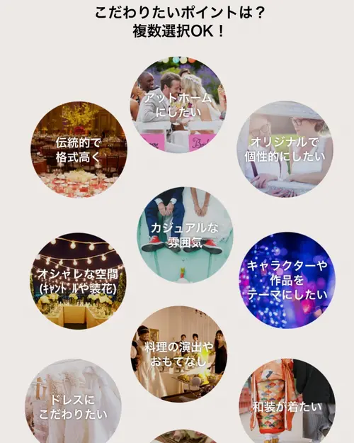 プラコレウェディングのウェディング診断でこだわりたいポイントを選ぶ画面