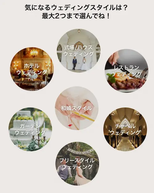 プラコレウェディングのウェディング診断で気になるウェディングスタイルを選ぶ画面