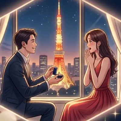 東京タワーの夜景が見えるホテルでプロポーズする男性と喜ぶ女性