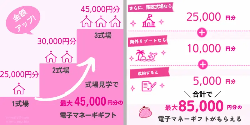 マイナビウエディングの式場探しキャンペーン特典一覧。1式場見学で2万5,000円分、2式場で3万円分、3式場以上で4万5,000円分の電子マネーギフト。さらに限定式場で2万5,000円分、海外リゾートで1万円分、成約で5,000円分が加算され、合計最大8万5,000円分がもらえる。