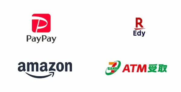 マイナビウエディングの特典でもらえる選べるe-GIFTの交換先。PayPay・楽天Edy・Amazonギフトカード・セブン銀行ATM受取の4種類。