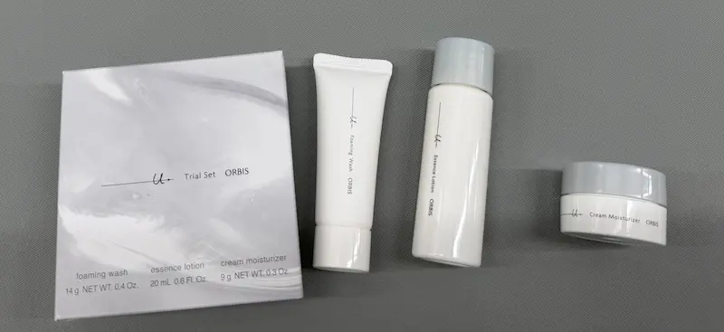 オルビスユー ドット トライアルセットの洗顔料・化粧水・保湿クリームと容量表示
